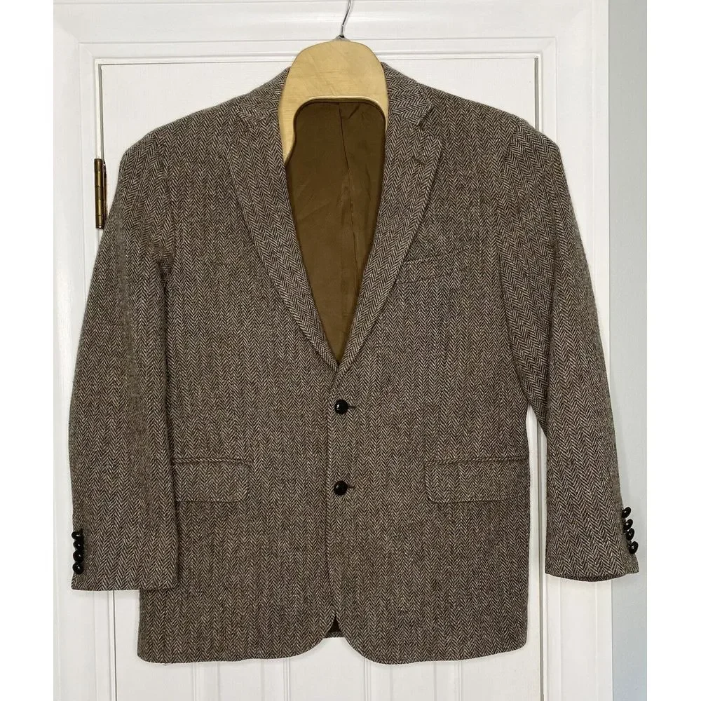 Brooks Brothers Madison X Harris Tweed Herringbone Jacket 43R Brown Wood Buttons